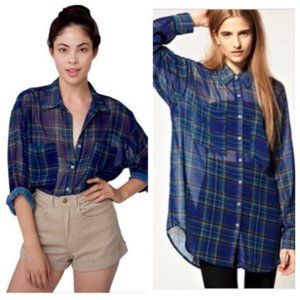 American Apparel Oversized Chiffon Sheer Button Down Blue Plaid